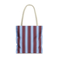 Blue burgundy striped tote bag with beige handles, front view