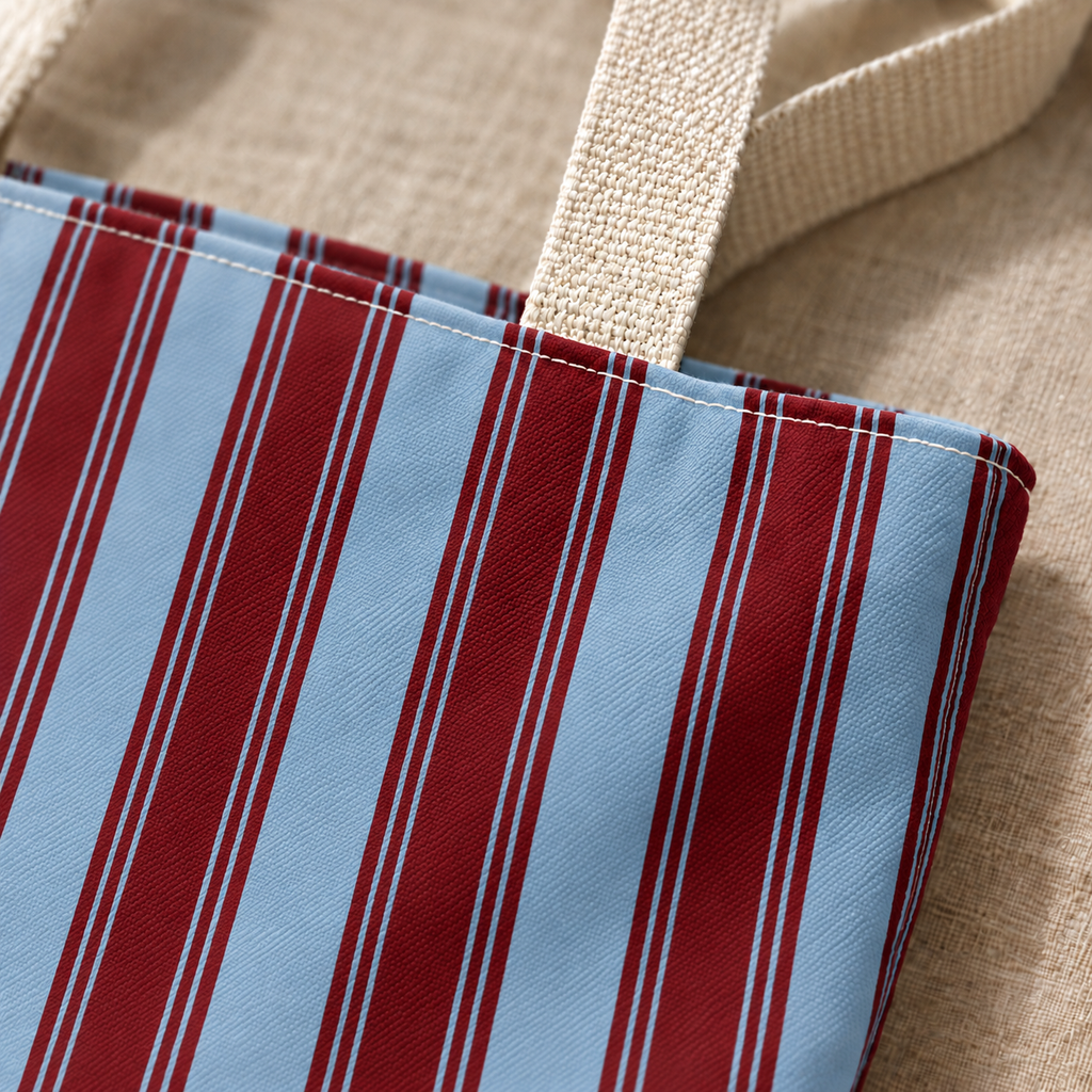 Close-up of the blue and burgundy stripes and beige handle of the striped tote bag