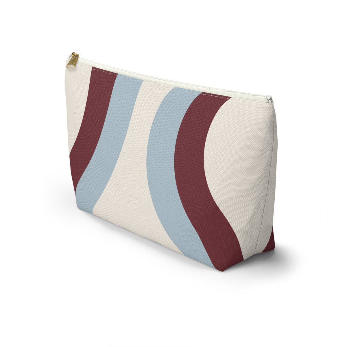 Side view of the blue burgundy wavy makeup bag with T-bottom shape