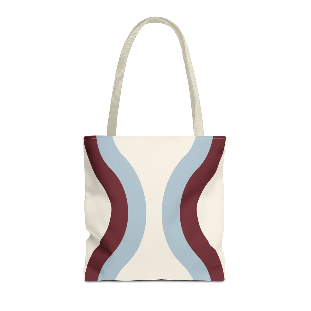 Blue burgundy wavy tote bag with cream handles, front view on white background