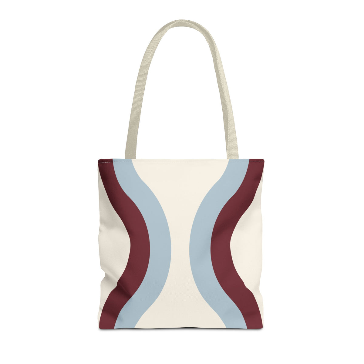 Blue burgundy wavy tote bag with cream handles, front view on white background