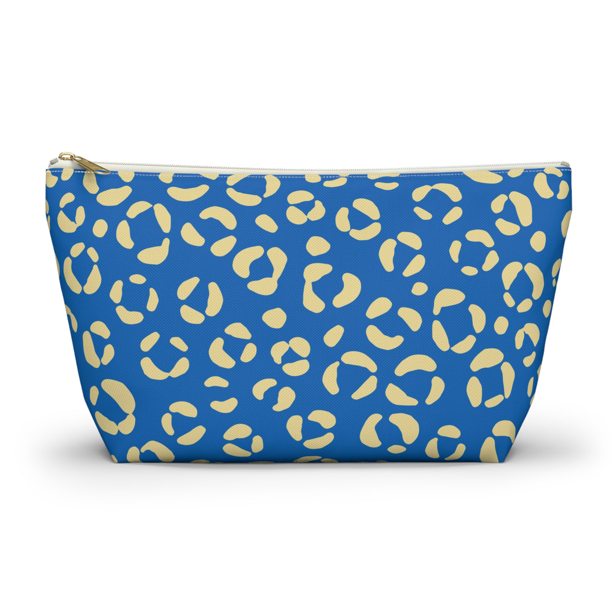 Blue cream leopard print makeup bag with gold zipper pull, front view