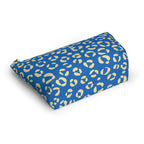 Blue leopard print cosmetic bag lying on its side
