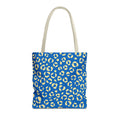Blue cream leopard print tote bag with cream handles on a white background