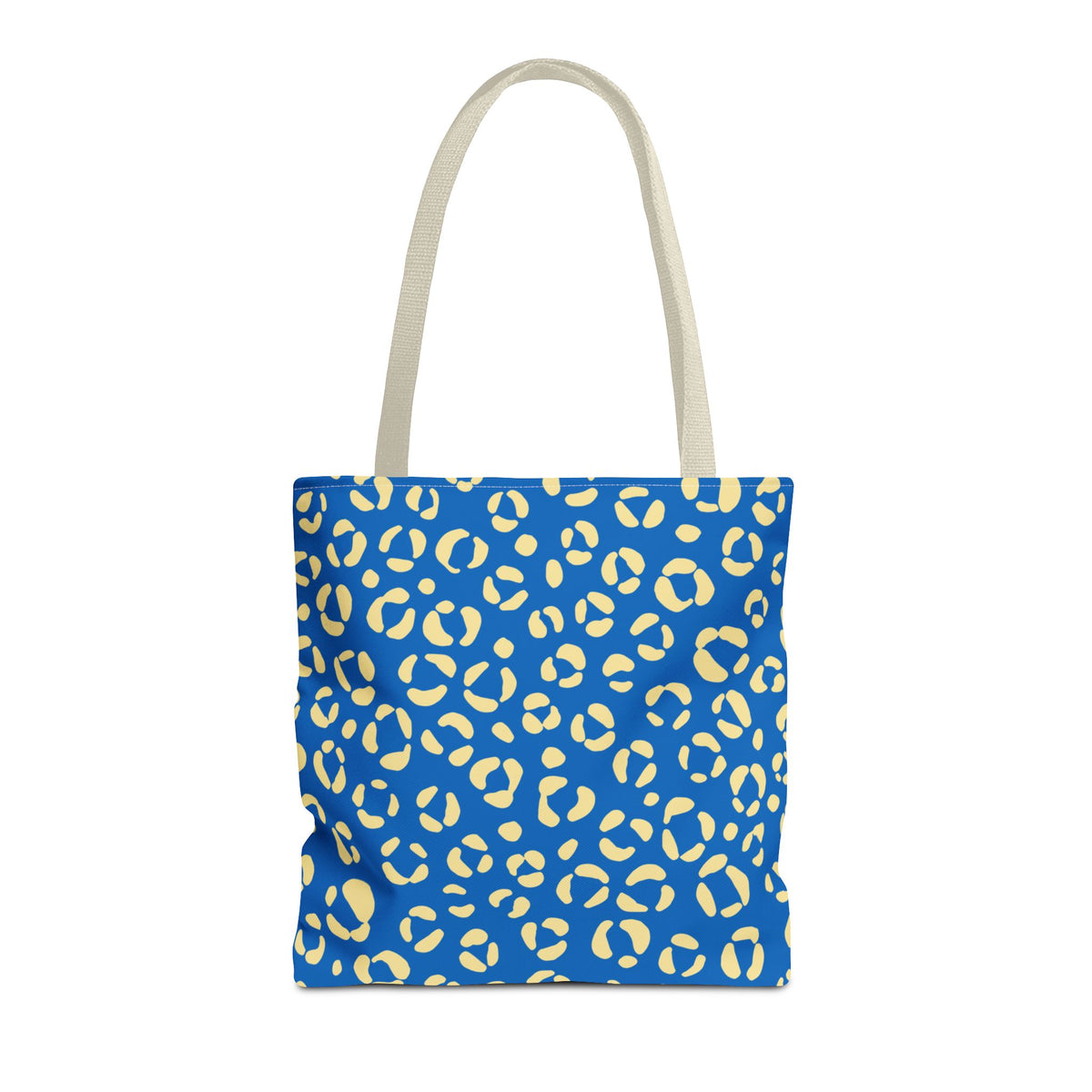 Blue cream leopard print tote bag with cream handles on a white background