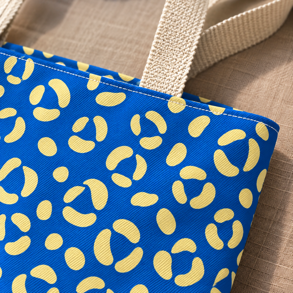 Close-up of the cream leopard spots on cobalt blue fabric and the handle of the tote bag