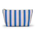 Blue Cream Striped makeup bag with T-bottom and gold zipper pull, front view