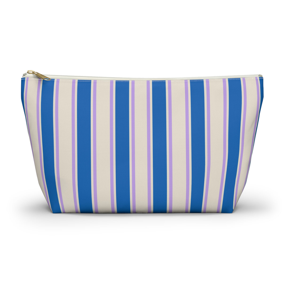 Blue Cream Striped makeup bag with T-bottom and gold zipper pull, front view