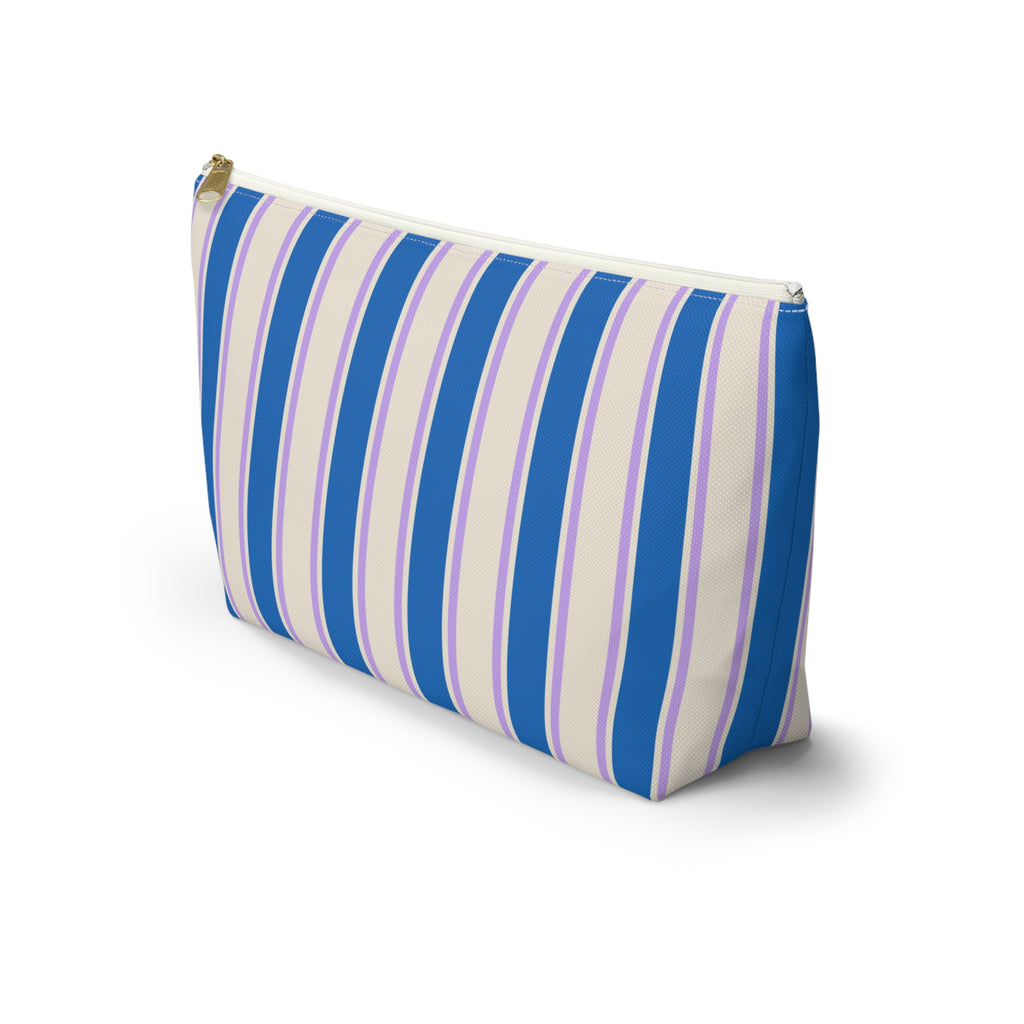 Side view of the Blue Cream Striped makeup bag