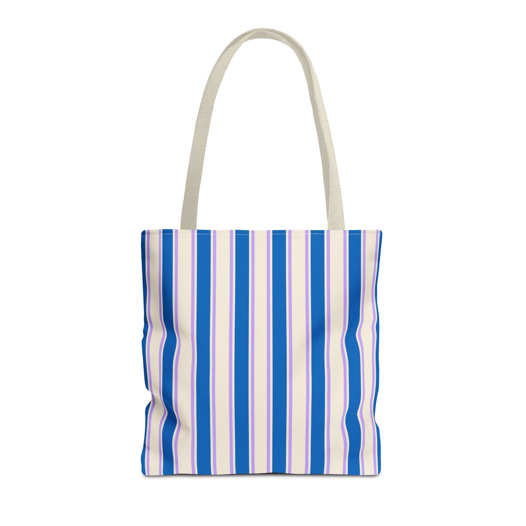 Blue Cream Striped tote bag with beige handles, front view on white