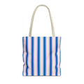 Blue Cream Striped tote bag with beige handles, front view on white