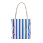 Blue Cream Striped tote bag with beige handles, front view on white