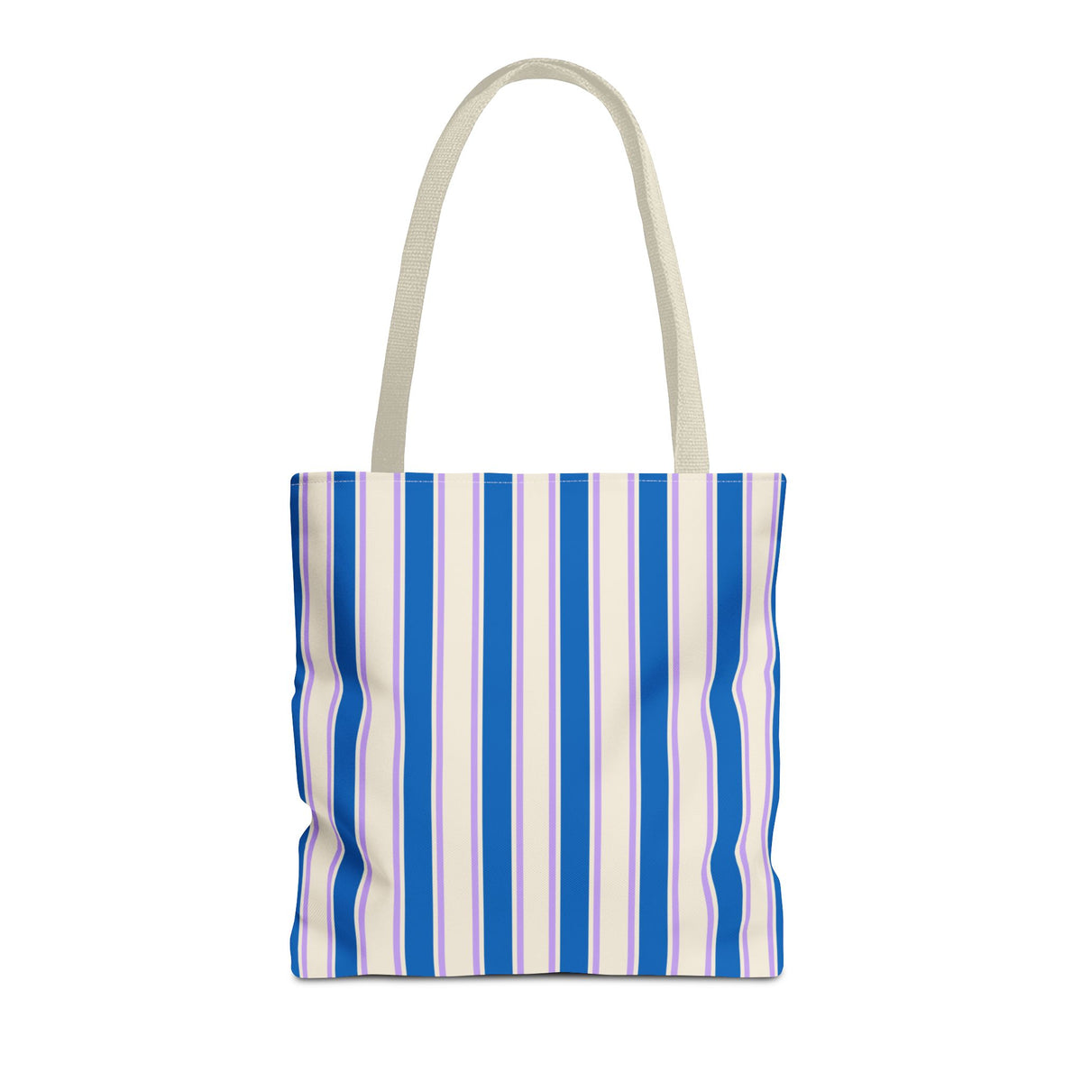 Blue Cream Striped tote bag with beige handles, front view on white