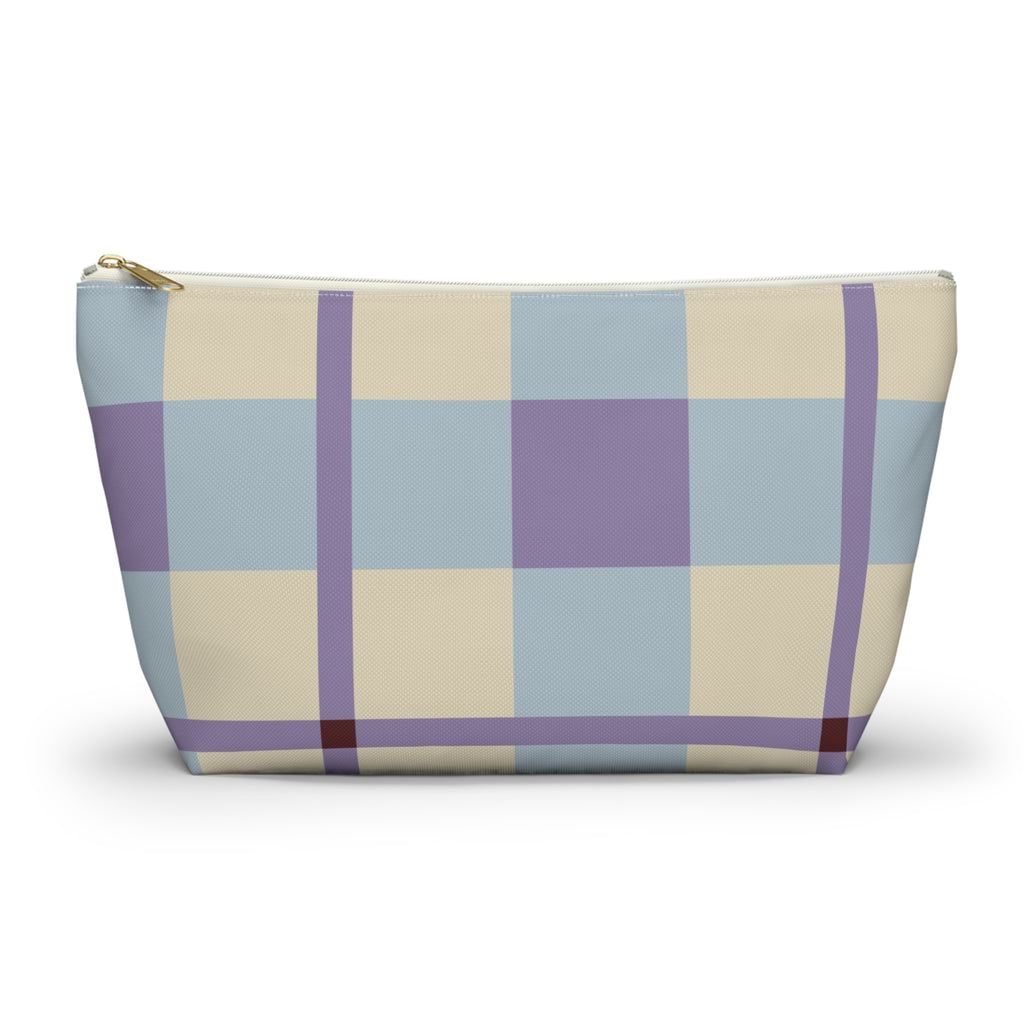 Blue lilac cream plaid makeup bag with gold zipper pull, front view