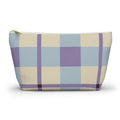 Blue lilac cream plaid makeup bag with gold zipper pull, front view