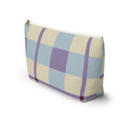 Side view of the blue lilac cream plaid makeup bag with flat T-shaped bottom