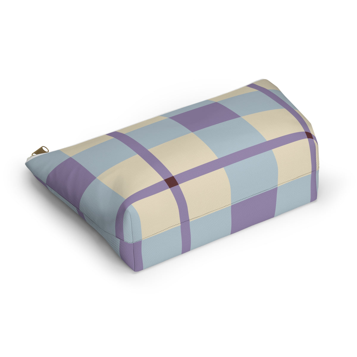 Blue lilac cream plaid makeup bag lying on its side in an angled view