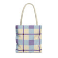Blue lilac cream plaid tote bag with beige handles, front view on white background