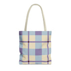 Blue lilac cream plaid tote bag with beige handles, front view on white background