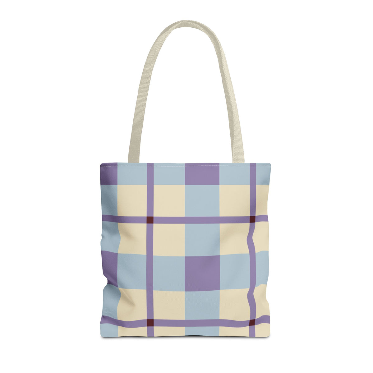 Blue lilac cream plaid tote bag with beige handles, front view on white background