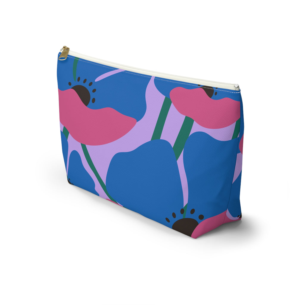 Side view of the blue pink poppy floral makeup bag with T-shaped bottom