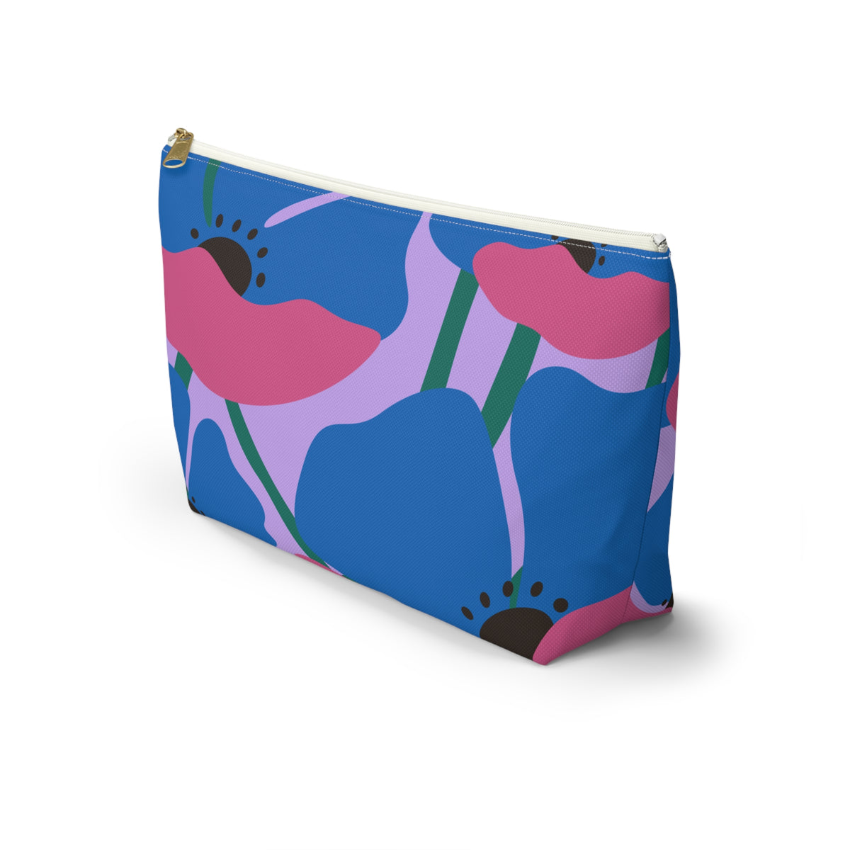 Side view of the blue pink poppy floral makeup bag with T-shaped bottom