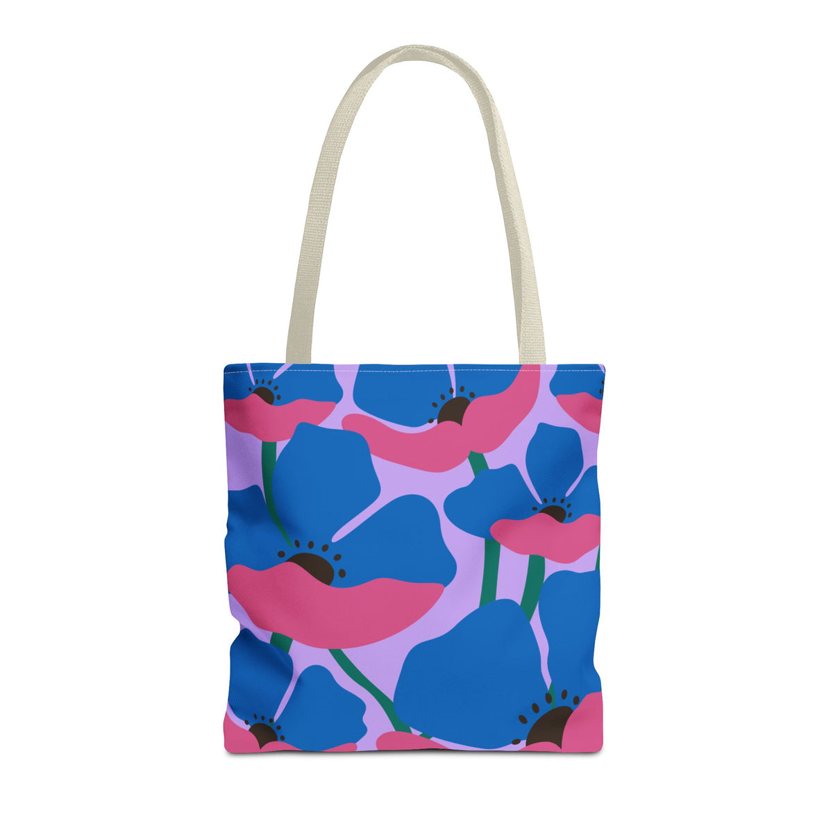 Blue and pink poppy floral tote bag with cream handles on a white background