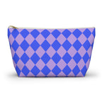 Blue purple diamond checkered makeup bag with T-bottom, front view on white