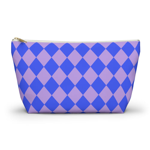 Blue purple diamond checkered makeup bag with T-bottom, front view on white