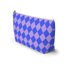 Blue purple diamond checkered makeup bag standing at an angle