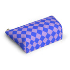 Side view of the blue purple diamond checkered makeup bag lying down