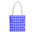 Blue purple diamond checkered tote bag with beige handles on a white background