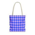Blue purple diamond checkered tote bag with beige handles on a white background