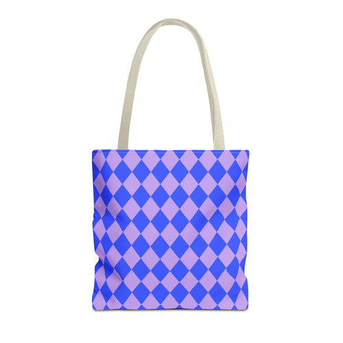 Blue purple diamond checkered tote bag with beige handles on a white background