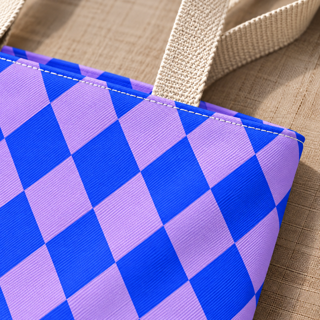 Close-up of blue and lilac diamond checks next to the beige tote handle