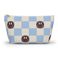 Blue Smiley Face Checkered Makeup Bag with brown smiley faces on a blue and cream checkerboard, front view