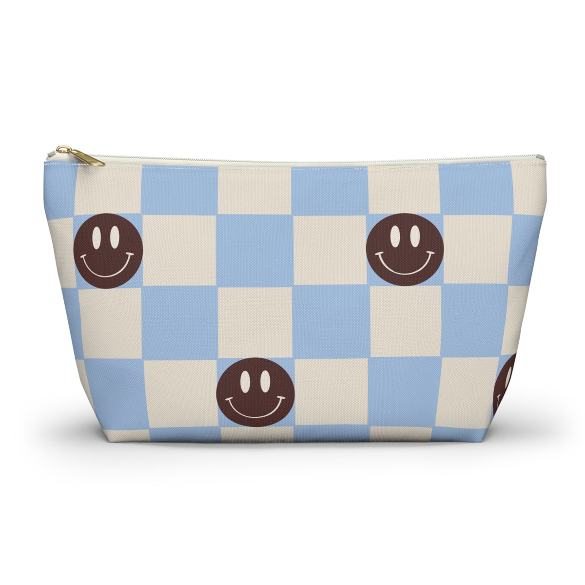 Blue Smiley Face Checkered Makeup Bag with brown smiley faces on a blue and cream checkerboard, front view