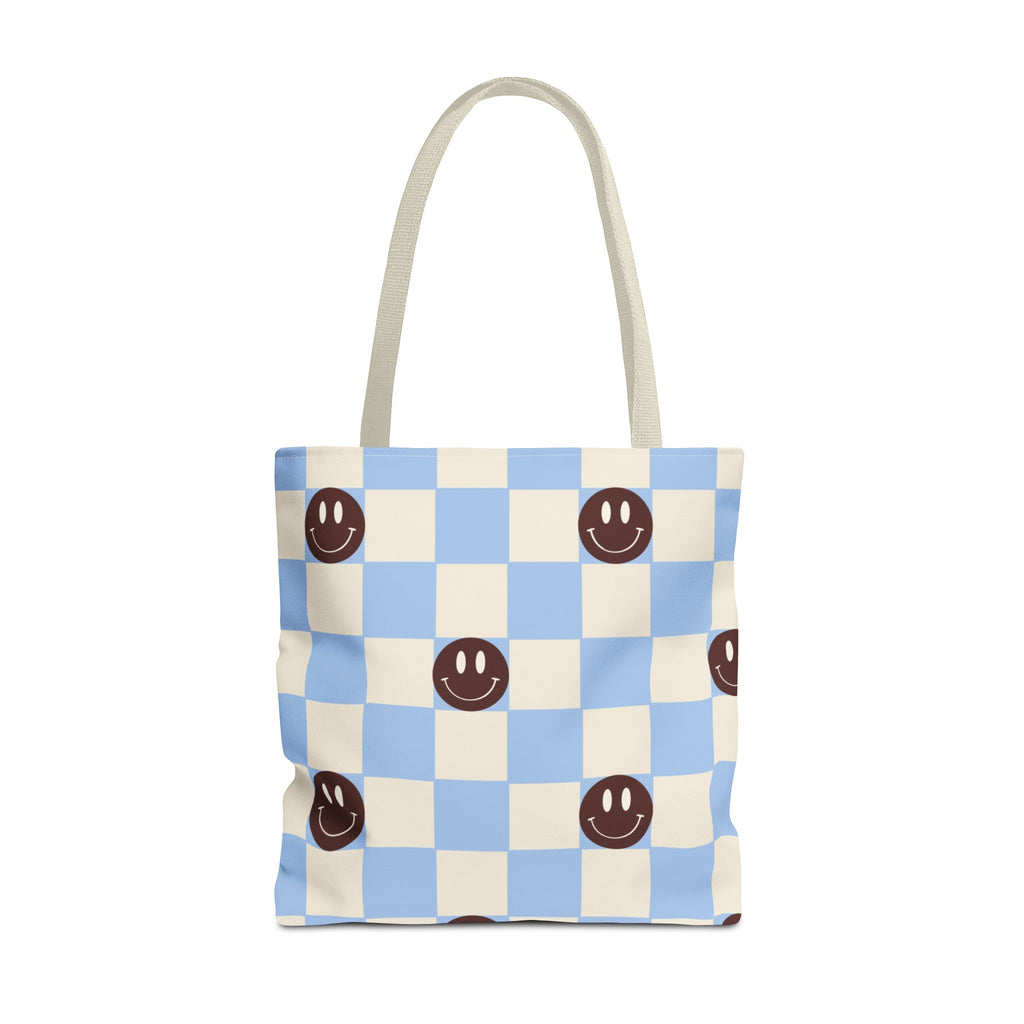 Blue Smiley Face Checkered Tote Bag with a blue and cream checkerboard print and brown smiley faces, front view