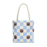Blue Smiley Face Checkered Tote Bag