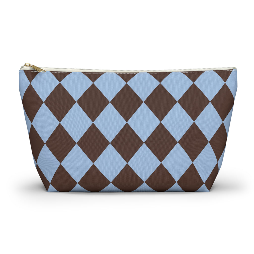 Brown Blue Diamond Checkered Makeup Bag with gold zipper, front packshot