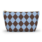 Brown Blue Diamond Checkered Makeup Bag with gold zipper, front packshot