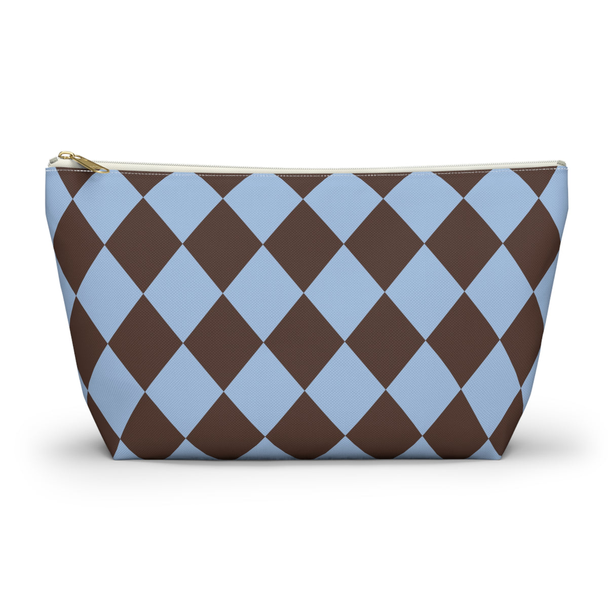 Brown Blue Diamond Checkered Makeup Bag with gold zipper, front packshot