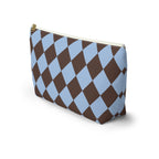 Side view of the brown and blue diamond checkered makeup bag