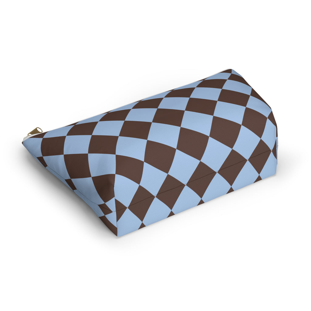 Brown blue diamond checkered makeup bag lying flat showing the T-bottom shape