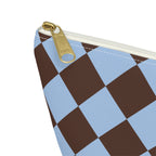 Close-up of the gold zipper pull and brown sky blue diamonds on the makeup bag