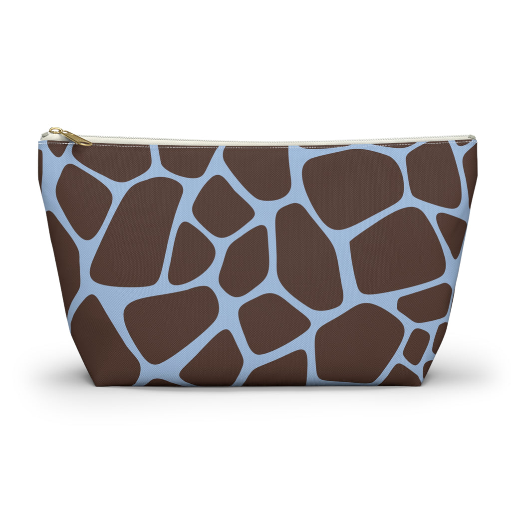 Brown Blue Giraffe Print Makeup Bag with gold zipper, front packshot