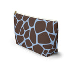 Side view of the giraffe print makeup bag in brown and blue