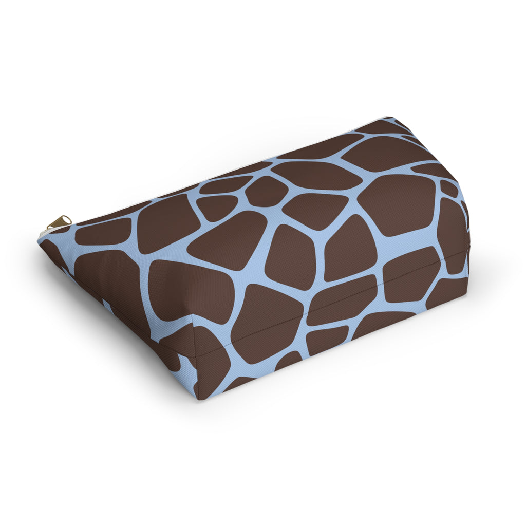 Brown blue giraffe print makeup bag lying flat showing the T-bottom shape