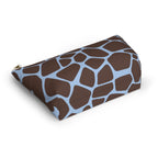Brown blue giraffe print makeup bag lying flat showing the T-bottom shape