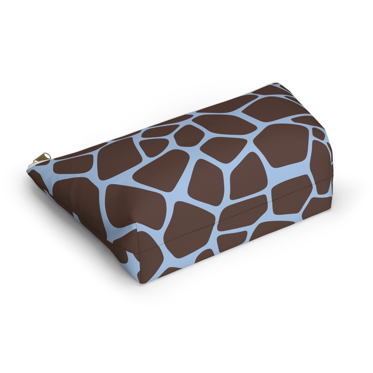 Brown blue giraffe print makeup bag lying flat showing the T-bottom shape